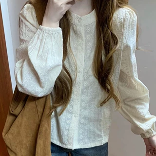 早秋法式假日风提花刺绣长袖衬衫女宽松温柔风百搭小个子衬衣上衣