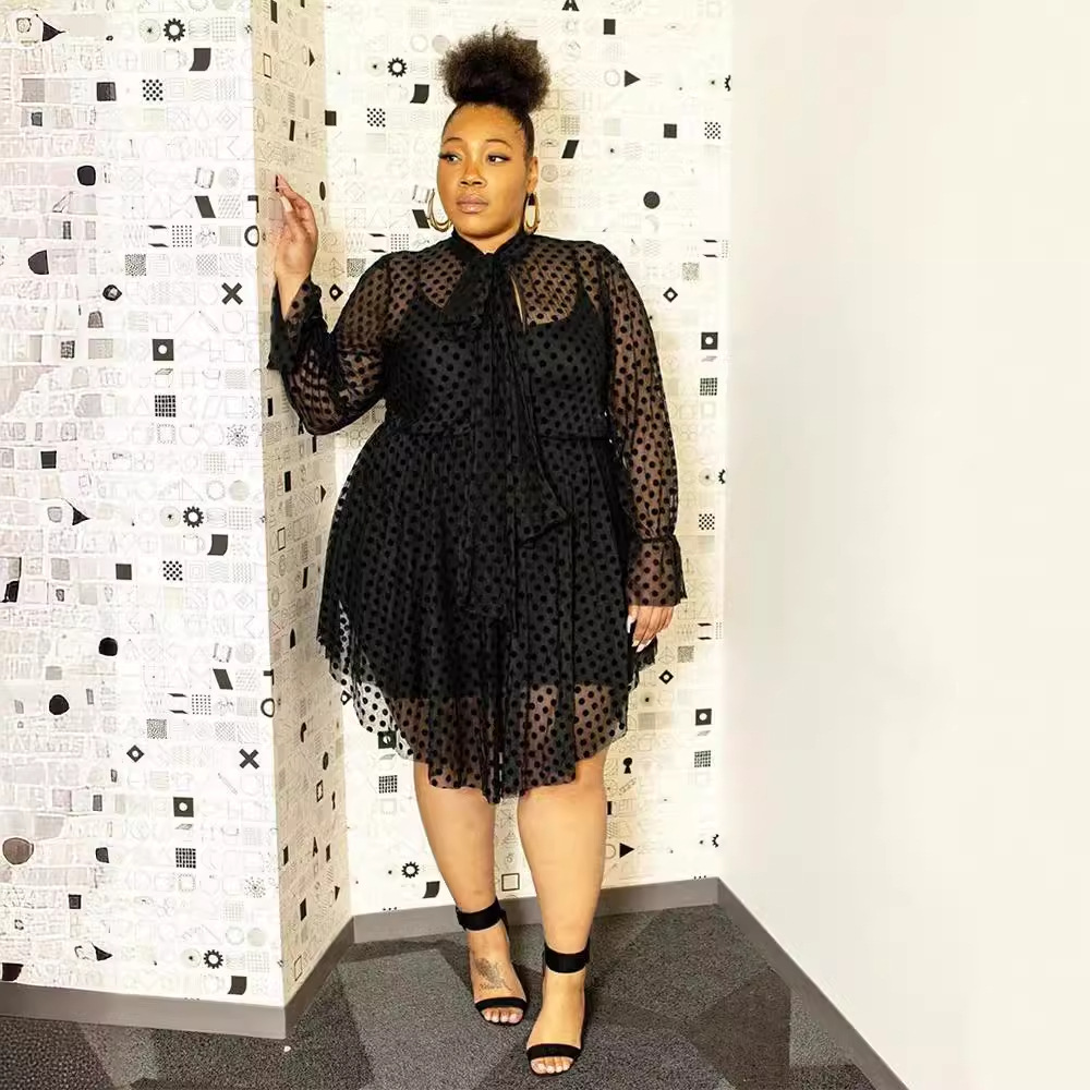 Ins popular independent website hot selling European and American large size sexy mesh hollow see-through irregular dress fake two pieces_voghion.com