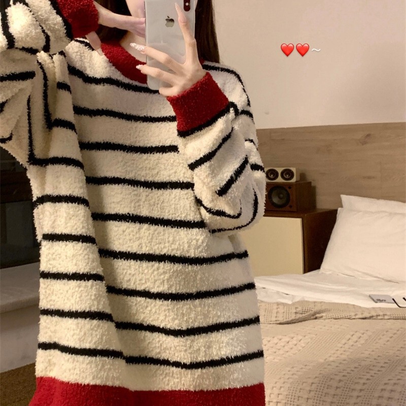 Red Collar Stripesd Suit 2025 Winter Half Velvet Pajamas Women's Ins Style Polar Fleece Loose Home Wear Suit
