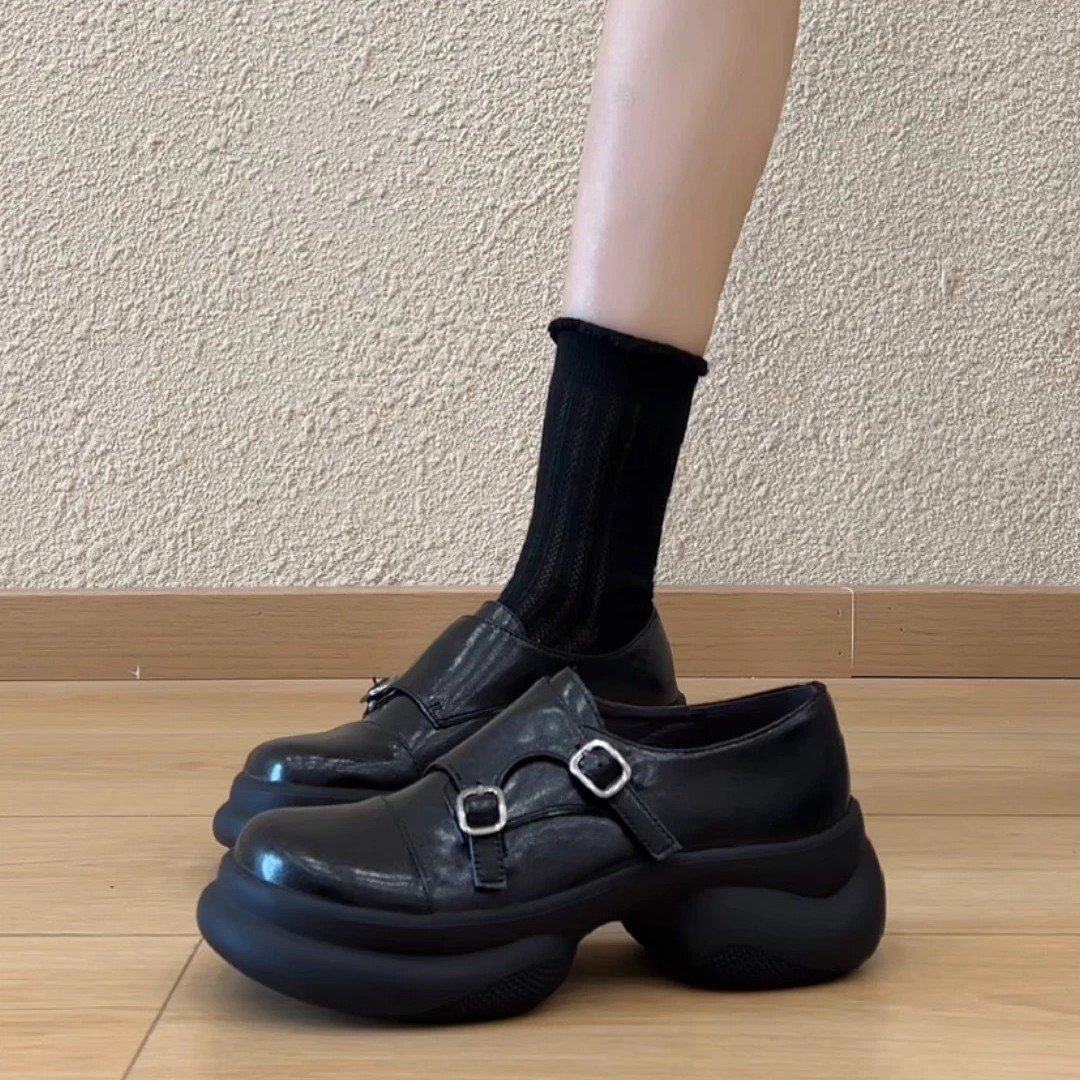 Soft Leather Version 6cm Small-Sized Athletic Sole Round-Toe Buckle Small Leather Shoes Versatile for Commuting Comfortable Deep-Cut Niche Single Shoes