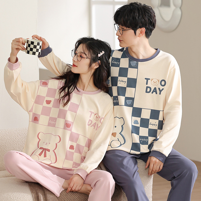 【100% 純綿】カップルパジャマ女性春と秋の綿100% 長袖セット男性ホームウェア可愛いアニメ
