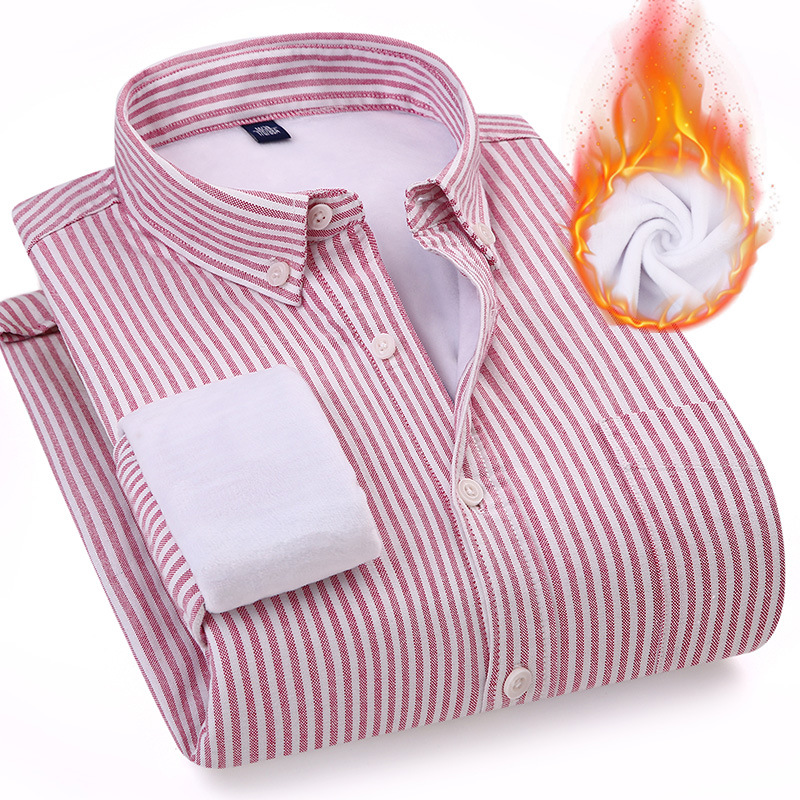 Camisa de Hombre Dongyu para Otoño e Invierno, Forrada de Felpa Cálida, Camisa de Manga Larga de Tela Oxford a Rayas, Camisa de Hombre de una Pieza al por Mayor