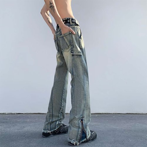 Oversize American-style zipper jeans for men, spring new arrival straight-leg micro-flare pants, high street vibe trendy brand