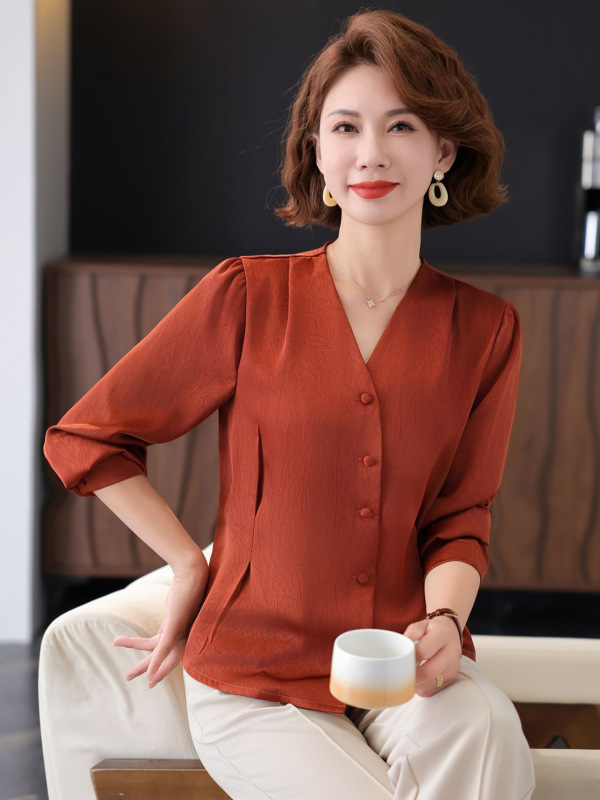 妈妈装秋装新款气质减龄显瘦长袖衬衣洋气百搭小衫中老年纯色上衣|undefined