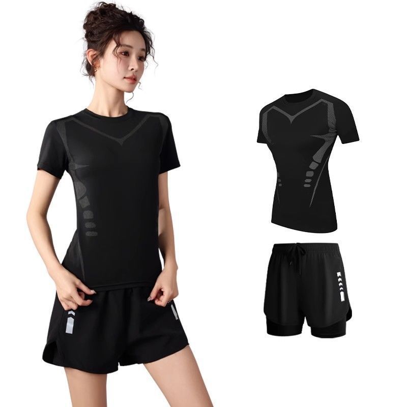 跑步运动套装女夏季速干冰丝t恤瑜伽服大码短袖晨跑健身衣服高弹|undefined