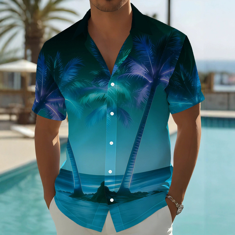 Blue-green gradient sea view and coconut tree print short-sleeve shirt with a turn-down collar for men, suitable for summer beach vacations, loose and casual cardigan Blue-green gradient sea view and coconut tree print short-sleeve shirt with a turn-down collar for men, suitable for summer beach vacations, loose and casual cardigan