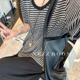 2025夏款/美式休闲薄款微透条纹短袖T恤女慵懒风宽松休闲打底衫潮