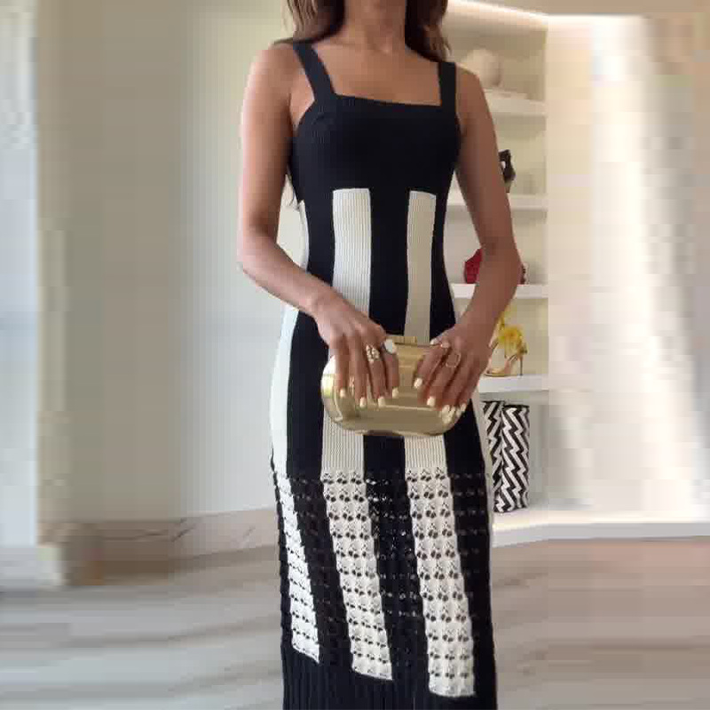 Women's Clothing Women's Fashion Contrast Elastic Slim Long Suspender Dress_mkmklike.com