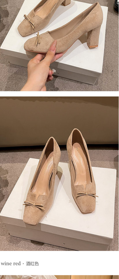 Giày cao gót nữ mũi vuông gót dày 6–8 cm thiết kế thanh lịch có nơ — màu kaki, màu nâu, rượu vang đỏ chi tiết 8