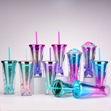 2024新款双层塑料杯创意渐变美人鱼尾吸管杯颜值电镀彩色亮片水杯