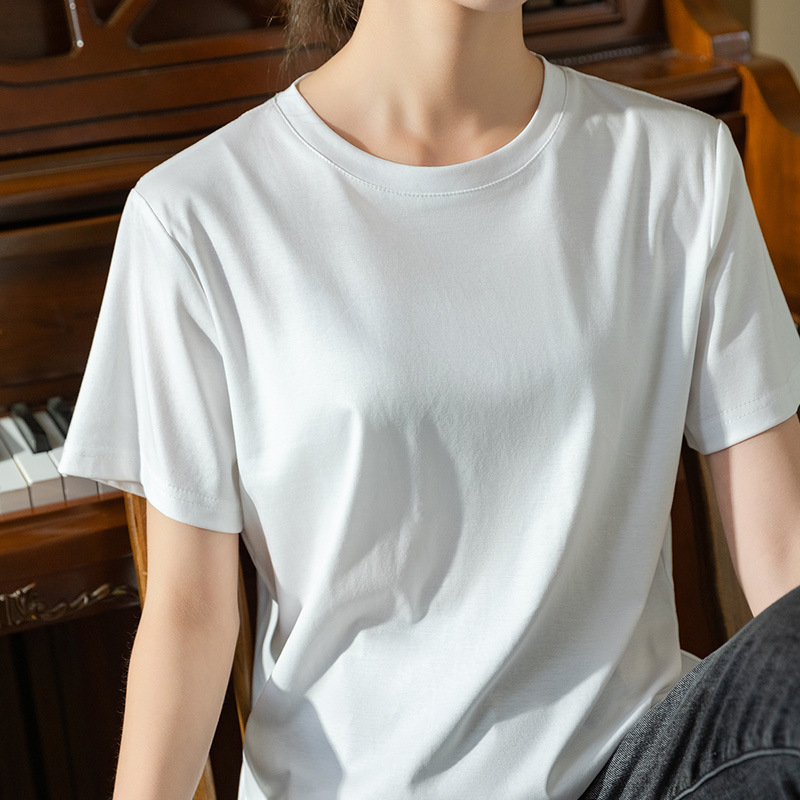 2023 nueva Camiseta de algodón con cuello redondo para mujer Camiseta de algodón mercerizado de hielo simple top de color sólido image 4