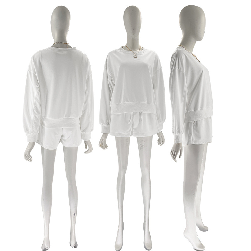 Solid Color Long Sleeve Sweaters Women Clothing Short Two-Piece Casual Shorts Suit