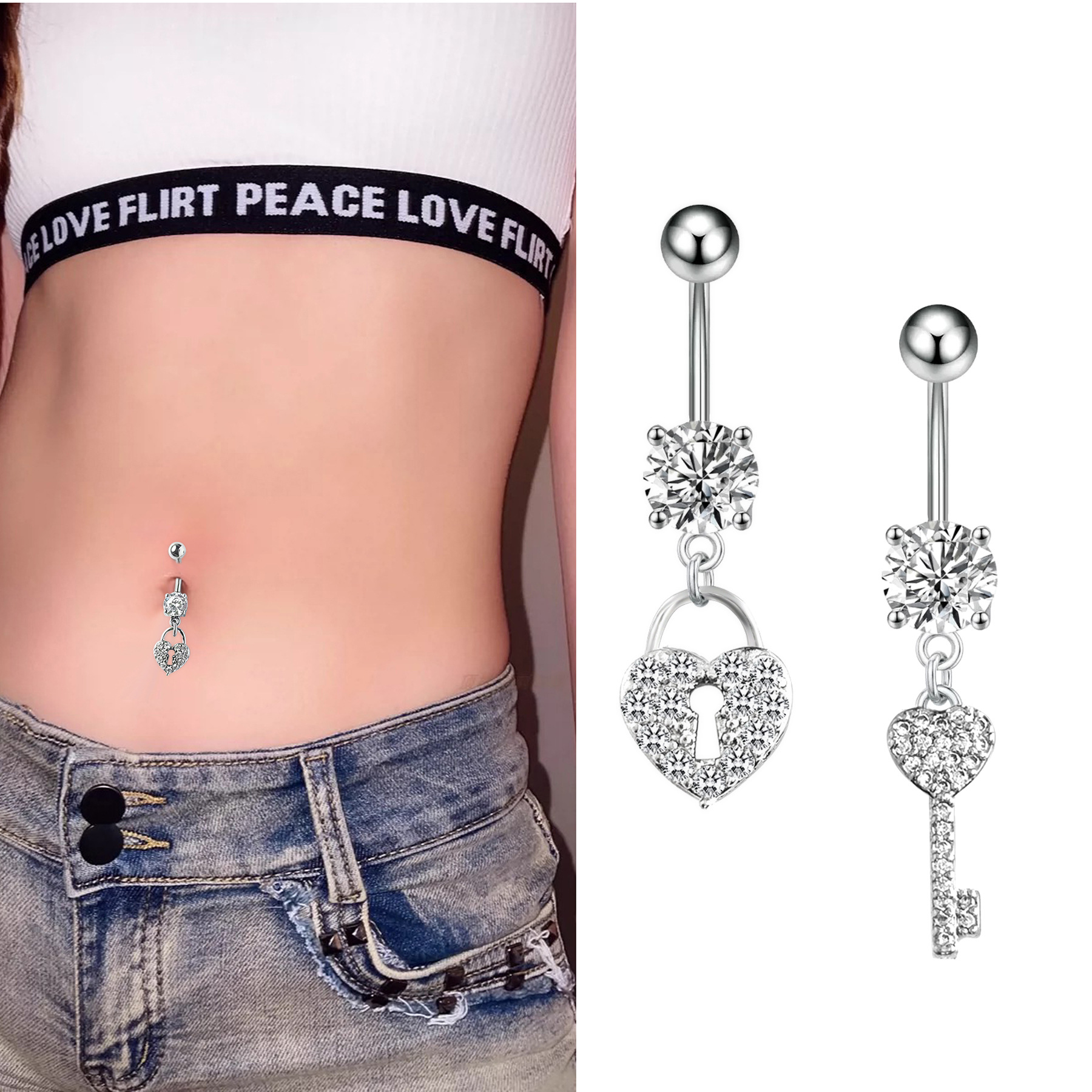 European And American Cross-Border Fashion Heart Key Lock Shape Copper Zircon Piercing Jewelry Stud Navel Ring_voghion.com