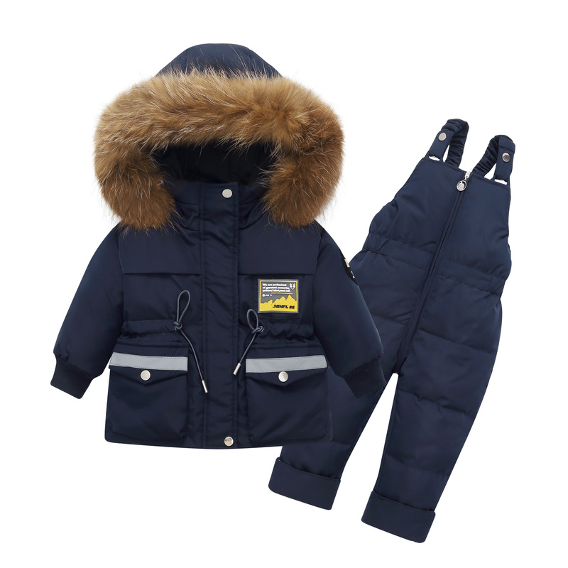 Real Fur Collar down Jacket Set for 1-3 Year Old Babies, Two-Piece Overalls Set, Warm Children's Style, Filled with White Duck down