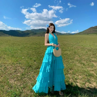 2026纯欲风挂脖露背森系仙女长裙女海边度假荷叶边吊带连衣裙