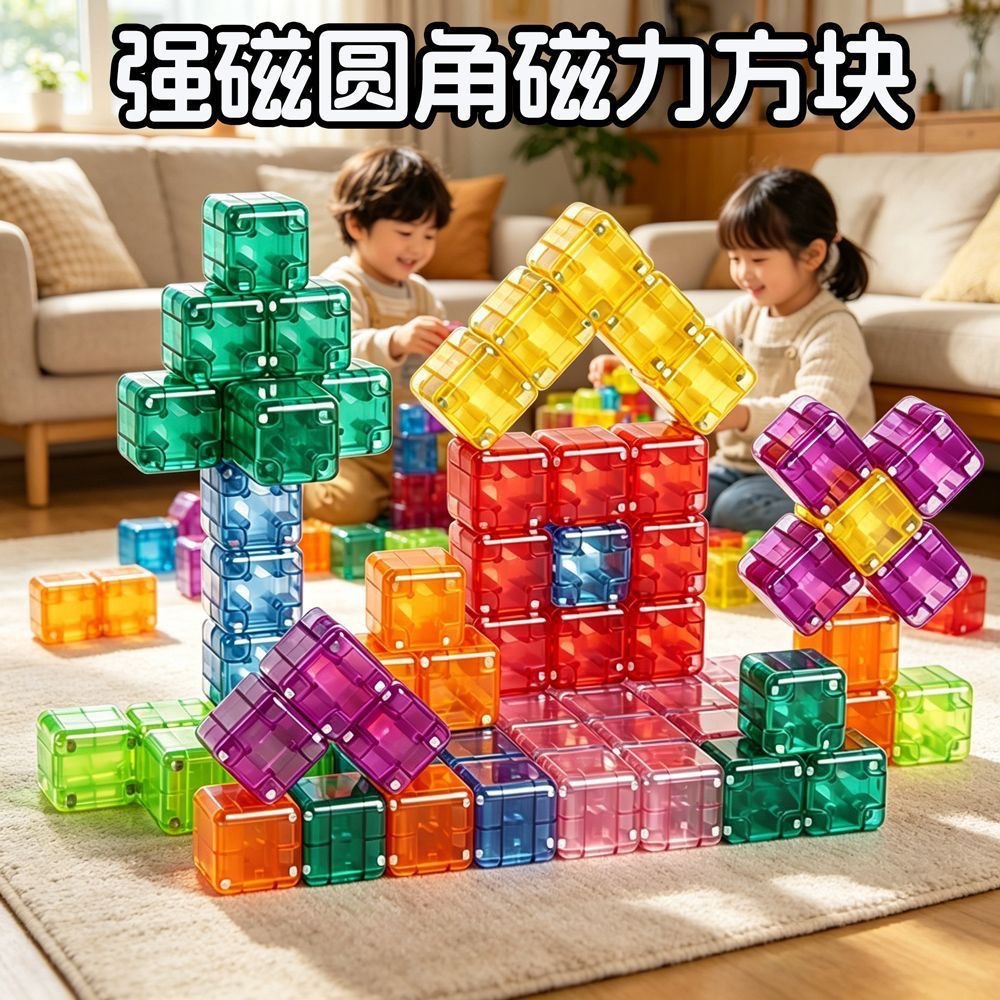 Rounded Corner Transparent Magnetic Blocks Portable Magnetic Geometric Building Blocks Children's Early Education Enlightenment Thinking Toys