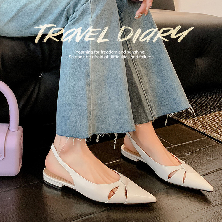 Sandal nữ mũi nhọn quai sau bọc da thật đế thấp phong cách Hàn Quốc — Màu vàng, Màu trắng be, Màu bạc