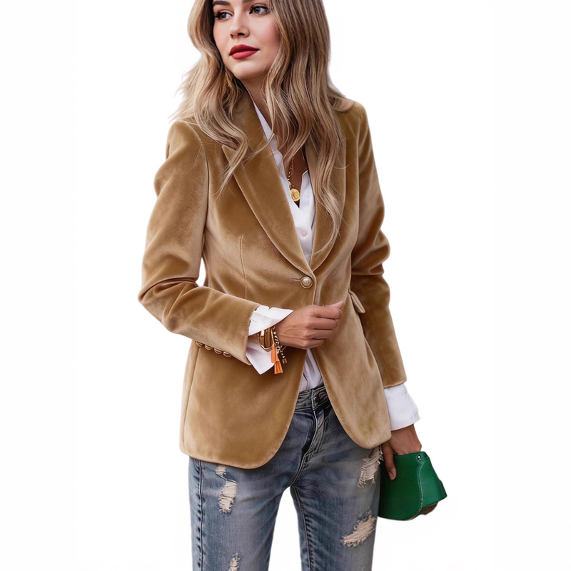 2025 European and American Cross-Border Amazon Women's Autumn and Winter New Fashion Elegant Pure Color Suit Jacket Double Layer with Lining