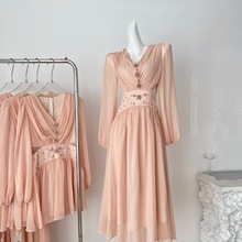 Q3876红人约会雾絮语早秋轻奢重磅长短款V领钉钻长袖雪纺连衣裙子