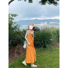2025夏季新款气质橘子汽水夏日吊带裙大裙摆连衣裙海边旅游度假