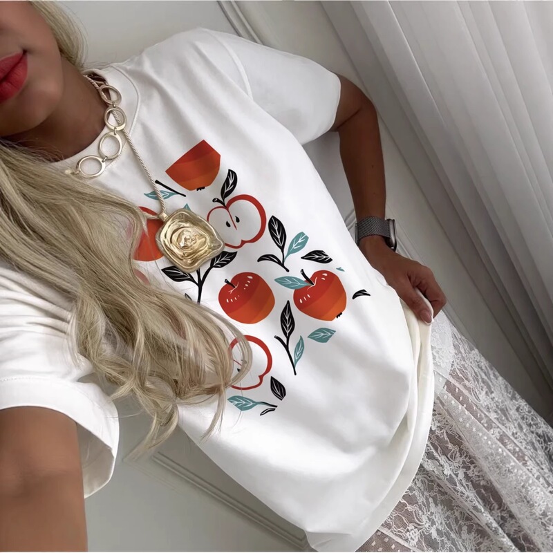 100% Pure Cotton Short-Sleeved T-Shirt, Summer New Trendy Brand, Stylish and Versatile, Fashionable and Elegant, Apple Print Loose Top 100% Pure Cotton Short-Sleeved T-Shirt, Summer New Trendy Brand, Stylish and Versatile, Fashionable and Elegant, Apple Print Loose Top