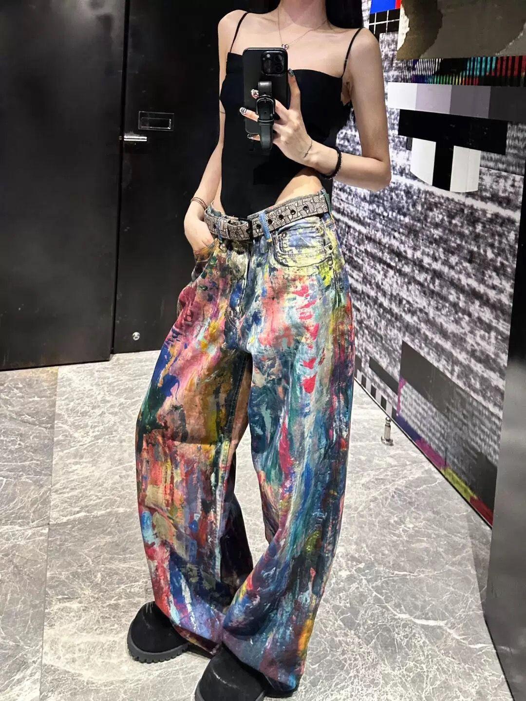 Men's Clothing High Street 3D Digital Printing Rainbow Oil Painter Loose Straight Jeans Unisex Trend_mkmklike.com