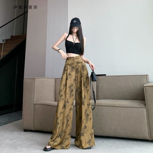 2026年春夏季复古提花缎面阔腿裤裙女设计感高腰裤垂坠感休闲长裤