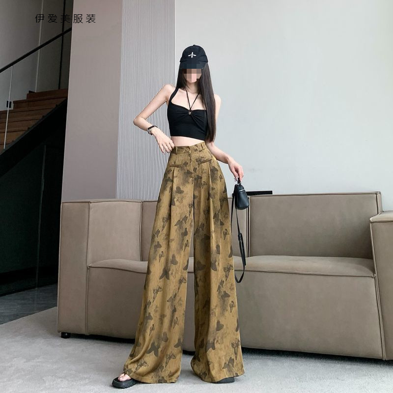 2026年春夏季复古提花缎面阔腿裤裙女设计感高腰裤垂坠感休闲长裤