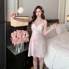 性感睡衣女冰丝蝴蝶印花美背吊带睡裙2025新款纯欲家居服可外穿