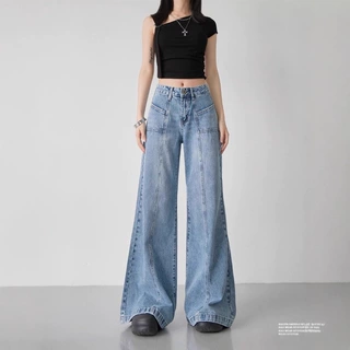 美式复古牛仔裤女蓝色直筒水洗新款宽松垂感微喇阔腿裤女设计感