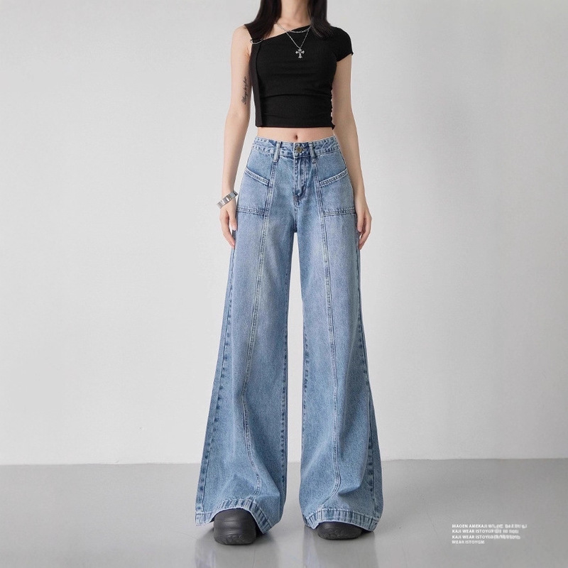 American Retro Jeans for Women, Blue Straight Washed New Style, Loose and Drapey, Wide-Leg Pants for Women, Design
