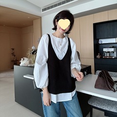 韩版宽松泡泡袖衬衫+针织马甲叠穿两件套白色衬衫黑色马甲其它