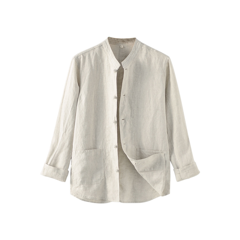 Ropa de lino estilo chino para hombre 2025, camisa de lino con cuello alto estilo chino, cárdigan de lino informal con botones D015