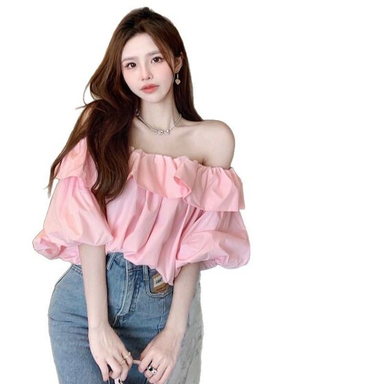Short-sleeved Spice Girl Square Collar Solid Color French Retro Summer Short-sleeved Shirt Chiffon Shoulder Short Navel New Style