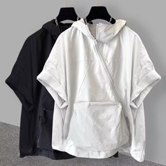 黑暗系男装潮工装短袖卫衣男女2025夏季宽松慵懒连帽纯色百搭T恤