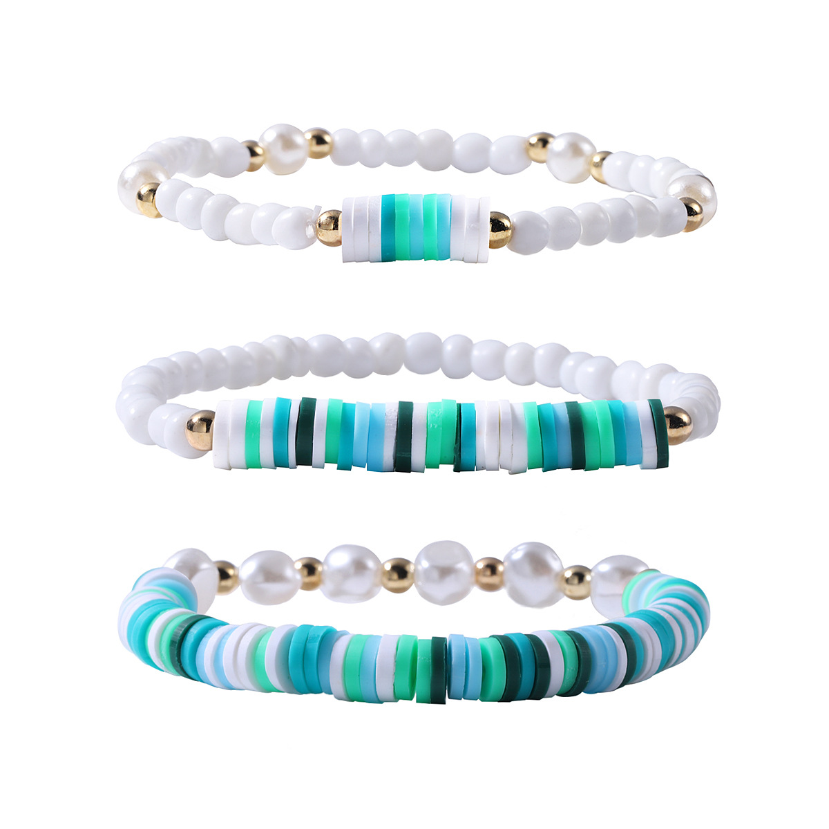 summer gradient color soft ceramic multi-layered pearl elastic beaded bracelet set