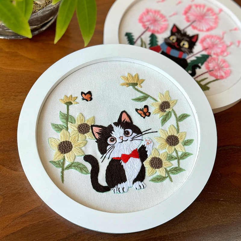 Kit de bordado de gatos Lu bordado novato paquete de materiales básicos diy inglés dibujos animados paquete de ejercicios creativo para niños cuelgan pinturas