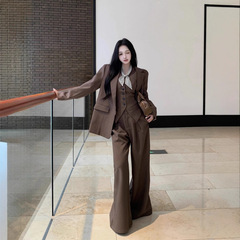 老钱风时尚套装气质长袖西装外套马甲背心女秋季休闲阔腿裤三件套