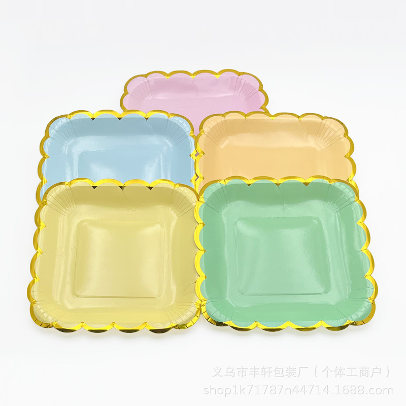 Transfronterizo estampado ondas desechable bandeja cuadrada macarón bandeja de papel bandeja de fiesta de cumpleaños para niños platos de pastel bandeja de frutas