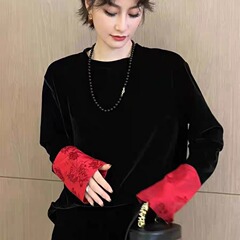 早春のファッションの金のベルベットは底のシャツの女性の長袖の2024春の新しい中国風の衝突色の丸首の上着をつなぎ合わせます。
