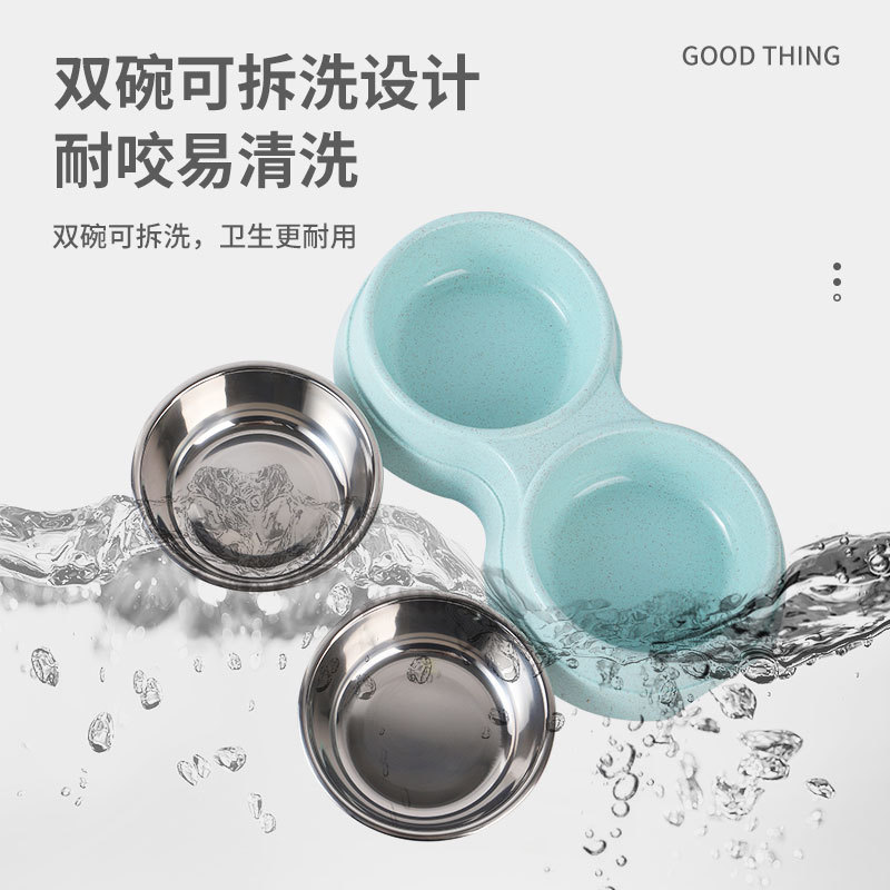 Fábrica personalizada de paja de trigo redonda dos en uno para mascotas doble tazón de acero inoxidable para mascotas bolos personalizados