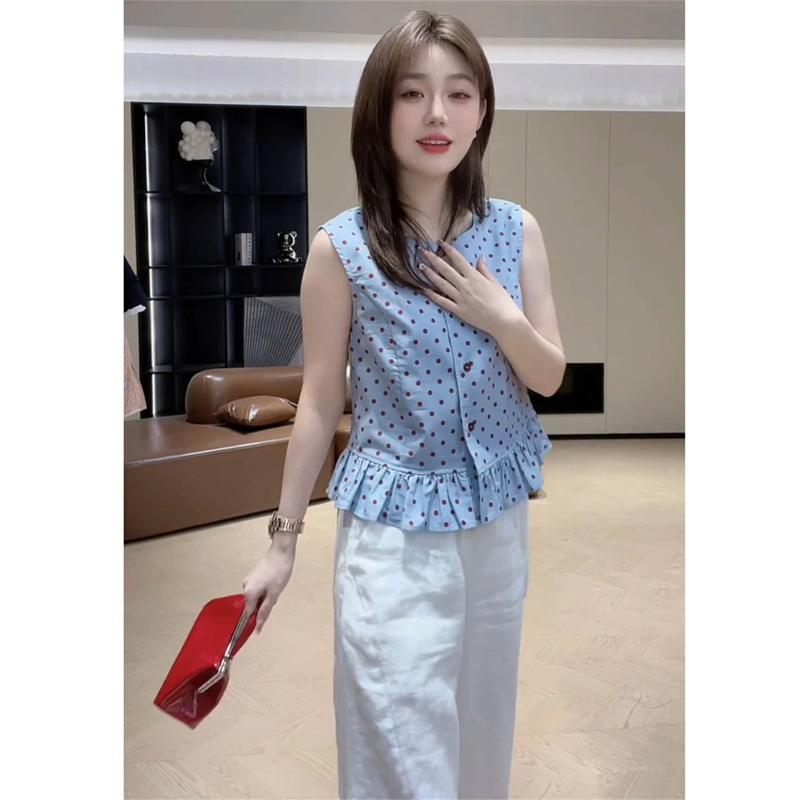夏季时尚设计感穿搭女百搭波点圆领无袖上衣休闲阔腿裤两件套装潮|undefined