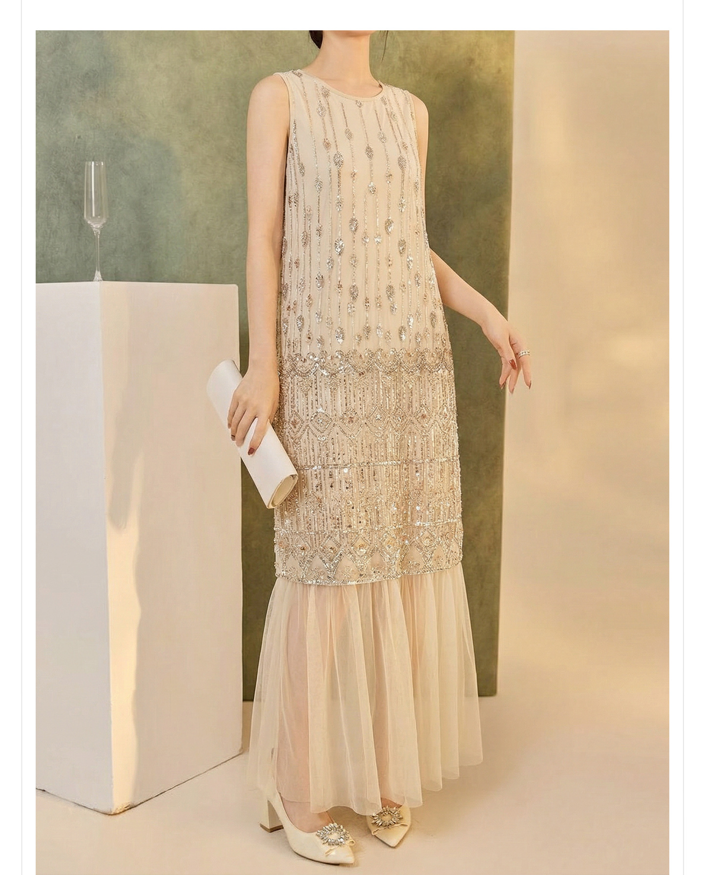 Đầm suông nữ midi phong cách Guofeng tay không sequin cao cấp — màu trắng ngà chi tiết 2