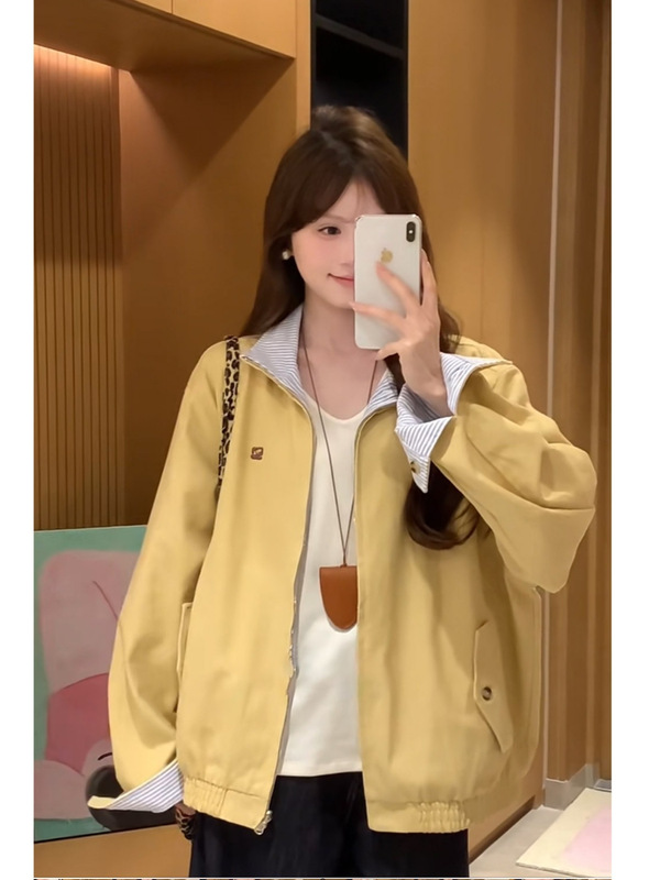 黄色两面穿外套女春秋新款宽松显瘦小个子翻领棒球服工装百搭夹克|undefined