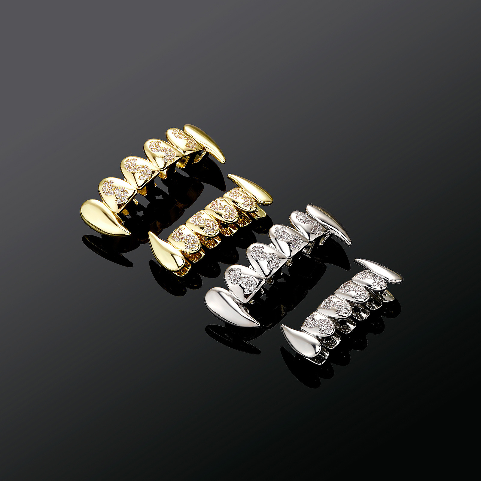 New European American Vampire Fangs With Full Diamonds, Upper Lower Braces, Halloween Trendy And Cool_voghion.com