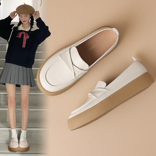 ZHR Thick-soled Loafers 2024 Autumn New Soft-soled White Leather Shoes Women's Slip-on Casual White Shoes