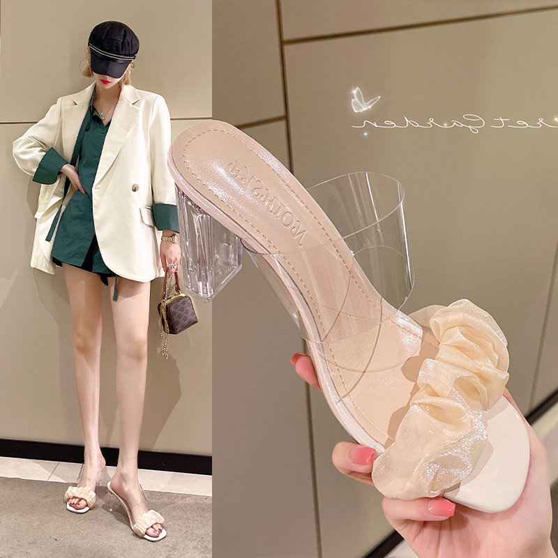 Fairy Sandal Summer 2022 new Korean version of women's high heel slippers square tip a font breathable crystal heel