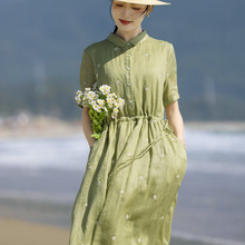 2025夏季新品苎麻刺绣中长款连衣裙宽松短袖文艺立领长裙