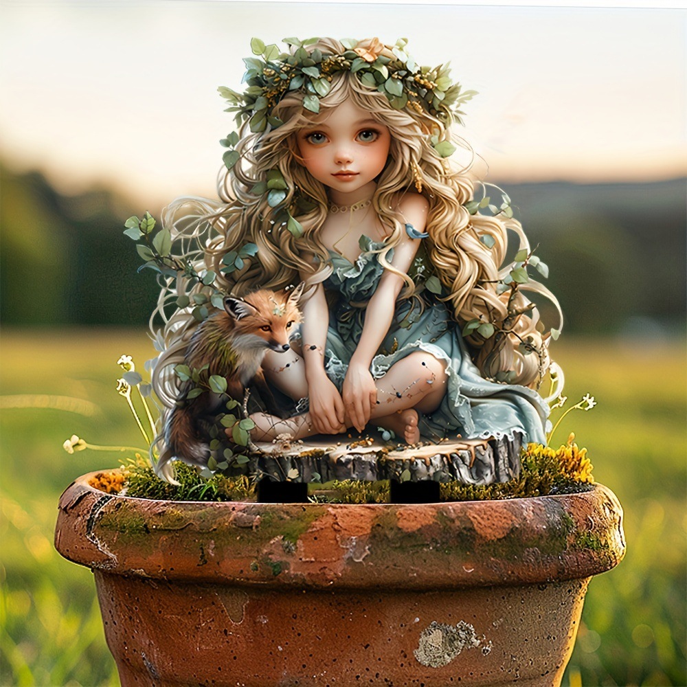 跨境迷人美丽的精灵女孩与狐狸亚克力花园桩防水耐磨地插挂件摆件