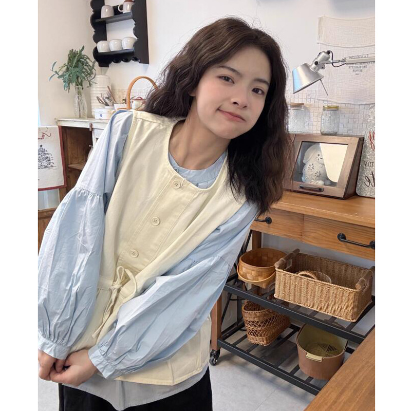 甜美风套装女减龄蝴蝶结系带圆领马甲衬衣叠穿长袖衬衫两件套女潮|undefined